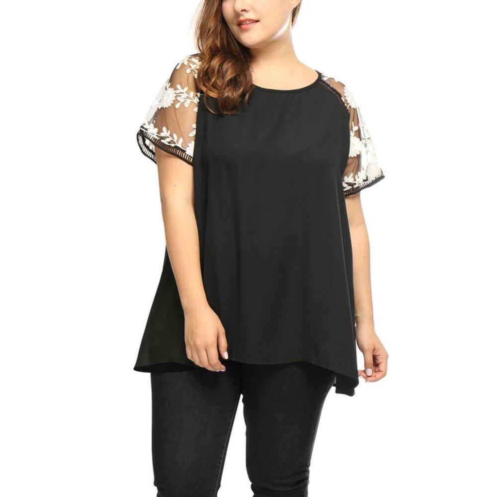 Women's Plus Size Sheer Tops Mesh Panel Crochet Raglan Sleeves Blouses Black